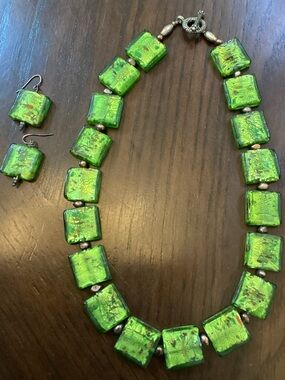 Handmade Green Foil Glass Square Bead Necklace and Earrings Set